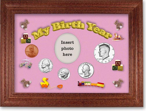 1970 My Birth Year Coin Gift Set with a pink background and cherry frame LARGE