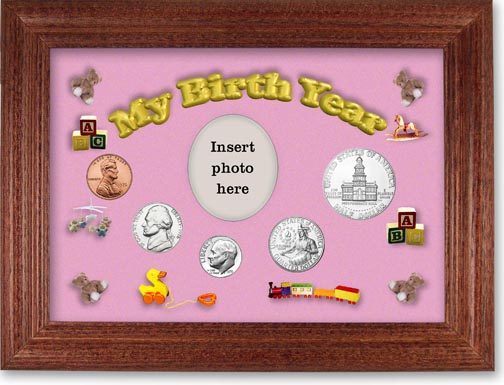 1976 My Birth Year Coin Gift Set with a pink background and cherry frame LARGE