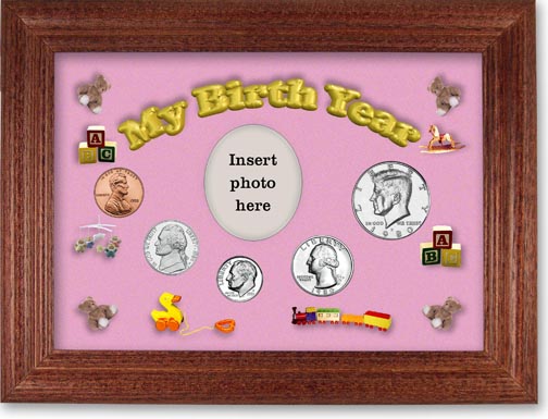 1980 My Birth Year Coin Gift Set with a pink background and cherry frame LARGE