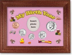 My Birth Year Coin Gift Set with a pink background and cherry frame THUMBNAIL