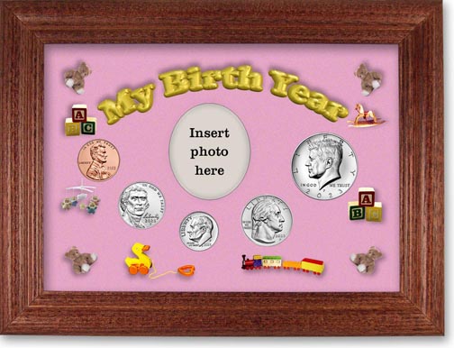 My Birth Year Coin Gift Set with pink background and cherry frame LARGE