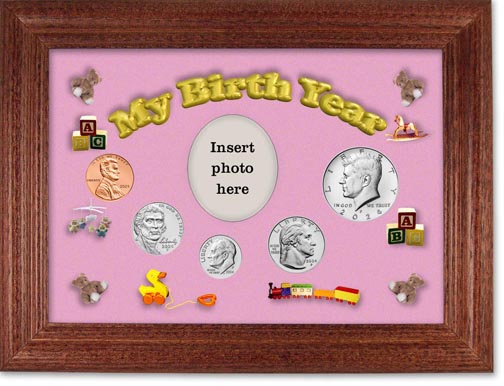 2024 My Birth Year Coin Gift Set with a pink background and cherry frame LARGE