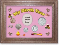 1934 My Birth Year Coin Gift Set with a pink background and dark oak frame THUMBNAIL