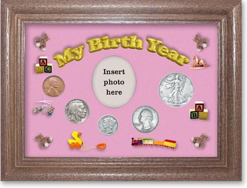 1935 My Birth Year Coin Gift Set with a pink background and dark oak frame MAIN