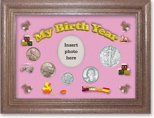 1936 My Birth Year Coin Gift Set with a pink background and dark oak frame MAIN