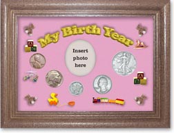 1936 My Birth Year Coin Gift Set with a pink background and dark oak frame THUMBNAIL
