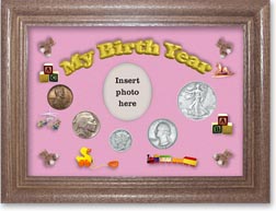 1937 My Birth Year Coin Gift Set with a pink background and dark oak frame THUMBNAIL