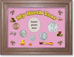 1938 My Birth Year Coin Gift Set with a pink background and dark oak frame THUMBNAIL