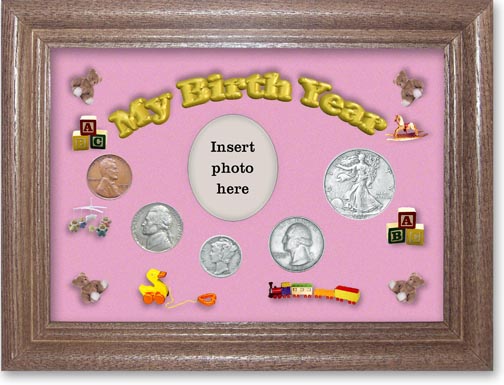 1939 My Birth Year Coin Gift Set with a pink background and dark oak frame LARGE