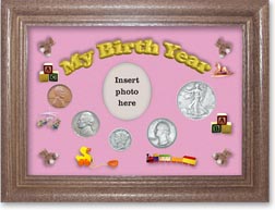 1939 My Birth Year Coin Gift Set with a pink background and dark oak frame THUMBNAIL