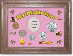 1940 My Birth Year Coin Gift Set with a pink background and dark oak frame THUMBNAIL