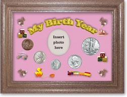 1941 My Birth Year Coin Gift Set with a pink background and dark oak frame THUMBNAIL
