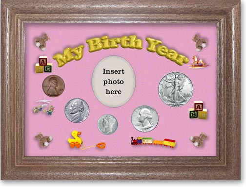 1942 My Birth Year Coin Gift Set with a pink background and dark oak frame LARGE