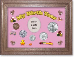 1942 My Birth Year Coin Gift Set with a pink background and dark oak frame THUMBNAIL