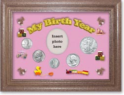 1943 My Birth Year Coin Gift Set with a pink background and dark oak frame THUMBNAIL