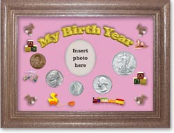 1944 My Birth Year Coin Gift Set with a pink background and dark oak frame THUMBNAIL