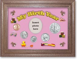 1947 My Birth Year Coin Gift Set with a pink background and dark oak frame THUMBNAIL