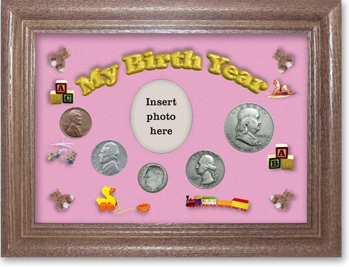 1949 My Birth Year Coin Gift Set with a pink background and dark oak frame MAIN