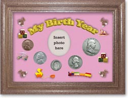 1949 My Birth Year Coin Gift Set with a pink background and dark oak frame THUMBNAIL