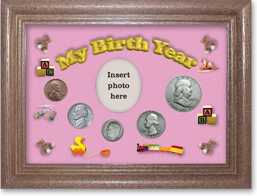 1953 My Birth Year Coin Gift Set with a pink background and dark oak frame LARGE