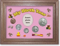1953 My Birth Year Coin Gift Set with a pink background and dark oak frame THUMBNAIL