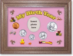 1962 My Birth Year Coin Gift Set with a pink background and dark oak frame THUMBNAIL