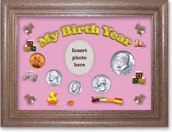 1964 My Birth Year Coin Gift Set with a pink background and dark oak frame THUMBNAIL