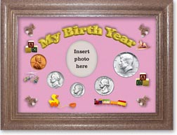 1965 My Birth Year Coin Gift Set with a pink background and dark oak frame THUMBNAIL