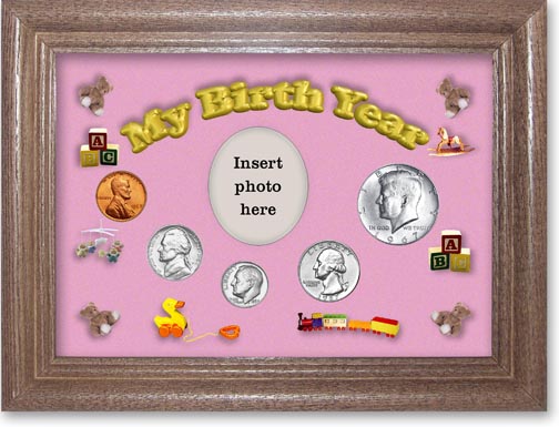 1967 My Birth Year Coin Gift Set with a pink background and dark oak frame LARGE