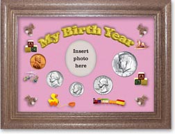 1967 My Birth Year Coin Gift Set with a pink background and dark oak frame THUMBNAIL