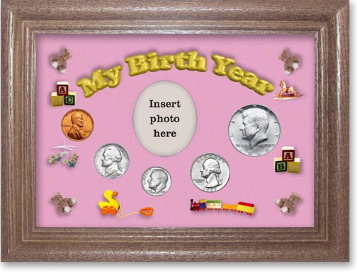 1969 My Birth Year Coin Gift Set with a pink background and dark oak frame MAIN