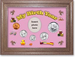 1969 My Birth Year Coin Gift Set with a pink background and dark oak frame THUMBNAIL