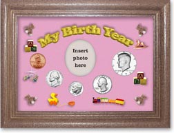 1973 My Birth Year Coin Gift Set with a pink background and dark oak frame THUMBNAIL
