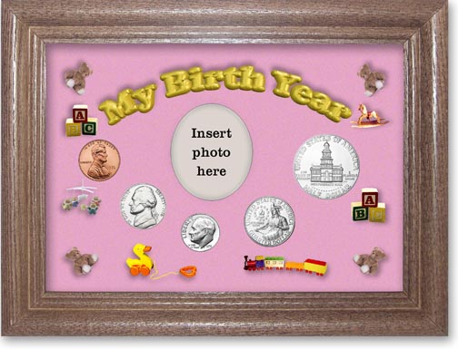 1976 My Birth Year Coin Gift Set with a pink background and dark oak frame LARGE