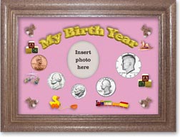 1979 My Birth Year Coin Gift Set with a pink background and dark oak frame THUMBNAIL