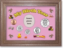 1982 My Birth Year Coin Gift Set with a pink background and dark oak frame THUMBNAIL