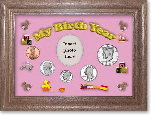 1983 My Birth Year Coin Gift Set with a pink background and dark oak frame LARGE