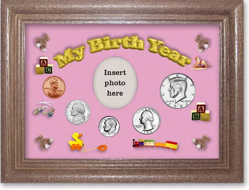 1984 My Birth Year Coin Gift Set with a pink background and dark oak frame LARGE