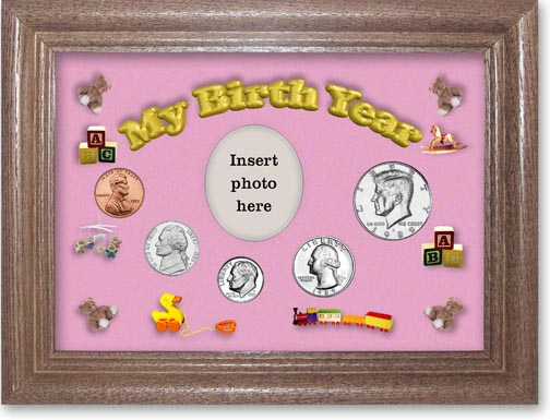 1989 My Birth Year Coin Gift Set with a pink background and dark oak frame MAIN