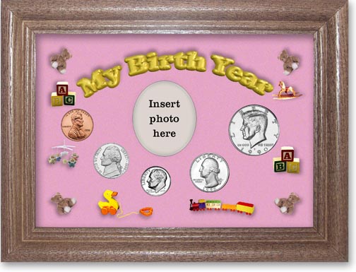 1990 My Birth Year Coin Gift Set with a pink background and dark oak frame MAIN