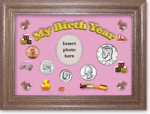 1994 My Birth Year Coin Gift Set with a pink background and dark oak frame MAIN