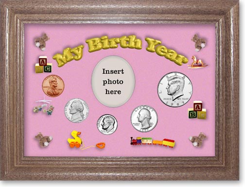 1997 My Birth Year Coin Gift Set with a pink background and dark oak frame MAIN