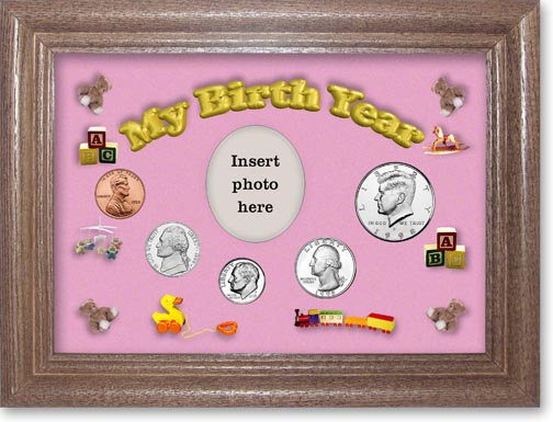 1998 My Birth Year Coin Gift Set with a pink background and dark oak frame LARGE