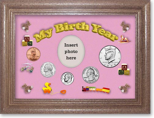 1999 My Birth Year Coin Gift Set with a pink background and dark oak frame MAIN