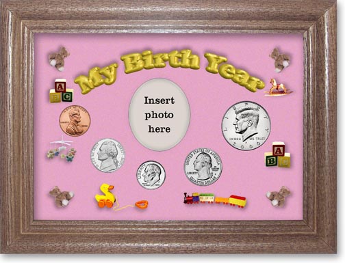 2000 My Birth Year Coin Gift Set with a pink background and dark oak frame MAIN