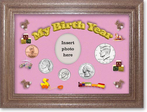 2003 My Birth Year Coin Gift Set with a pink background and dark oak frame LARGE