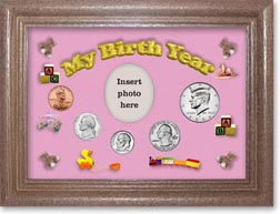 2004 My Birth Year Coin Gift Set with a pink background and dark oak frame THUMBNAIL