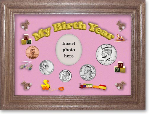 2008 My Birth Year Coin Gift Set with a pink background and dark oak frame LARGE