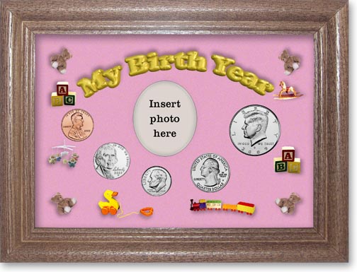 2009 My Birth Year Coin Gift Set with a pink background and dark oak frame MAIN