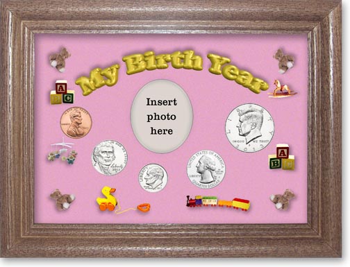 2013 My Birth Year Coin Gift Set with a pink background and dark oak frame LARGE